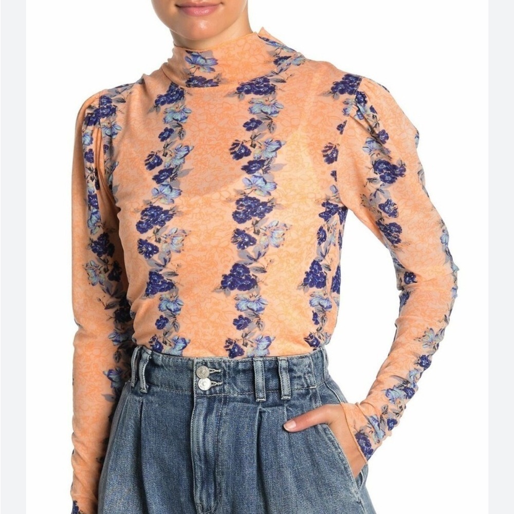 Free People Amber Semi Sheer Floral Print Mock Neck Top Womens Sz M Boho Retro